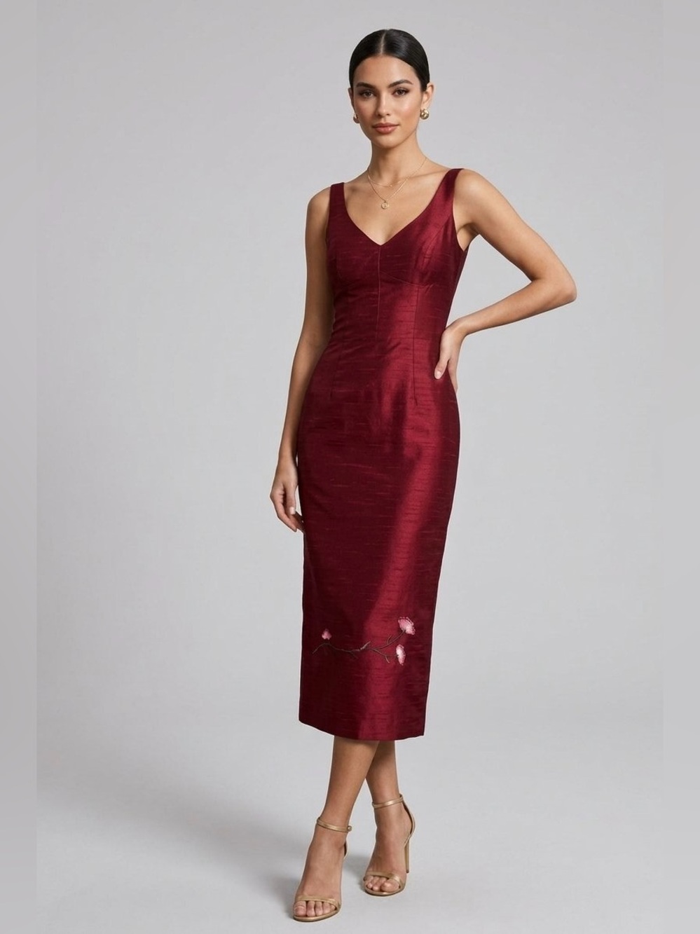 Vintage Arden B Red Dupioni Silk Sheath Midi Dress with Floral Embroidery Size 4